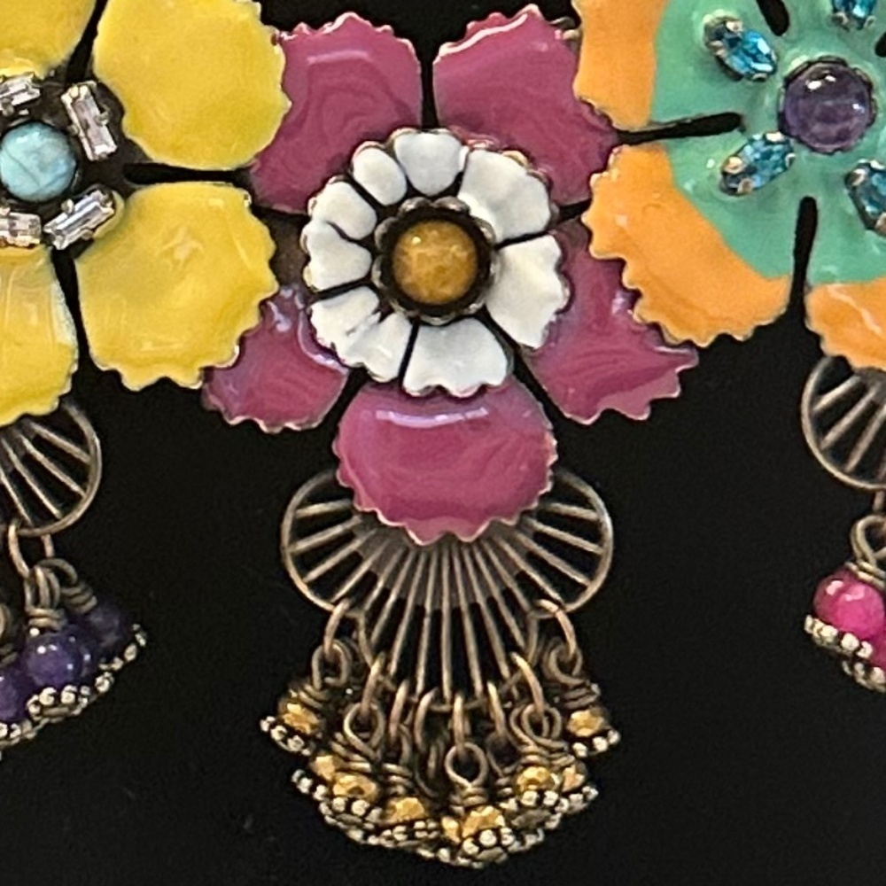 TOVA - Vibrant Boho Floral Enamel Brass Necklace on Brown Leather Cord - 18 in. - Picture 7 of 14